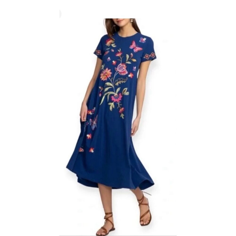 JOHNNY WAS Gracey Dress Crew Neck Floral Butterfly Embroidery